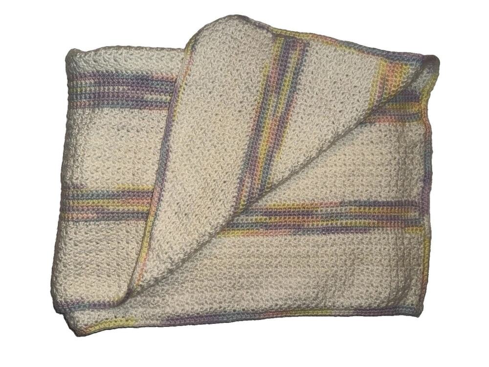 Hand Crocheted Baby Blanket Cream Pastel Striped 36x26 Crib Stroller Handmade